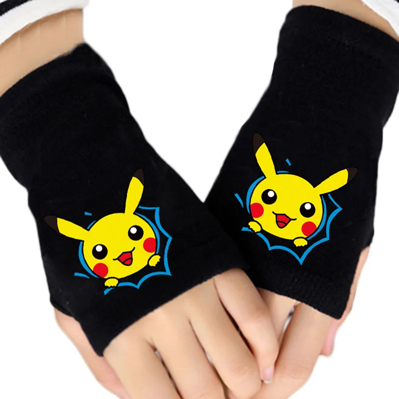 

2017 Fashion Winter Anime Pocket Monster Pikachu Cotton Glove Half Finger Print Black Mitten Gloves Unisex Cosplay Gift