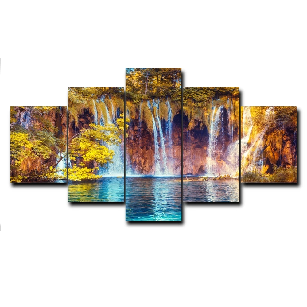

5 Panel Natural Waterfall Outside Poster and Print Vintage Canvas Painting for Living Room Home Decoration Photo Album No Frame