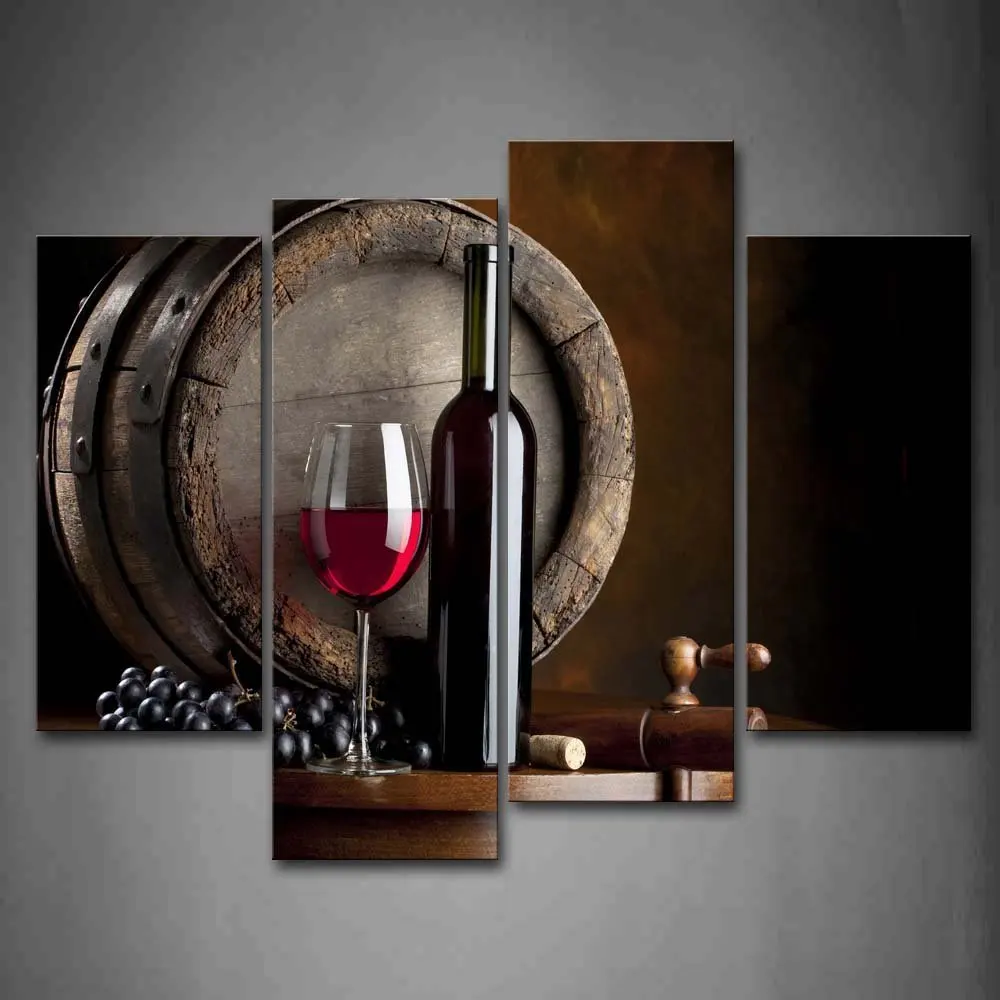 Wine With Glass And Barrel Wall Art Painting For Kitchen Picture Print