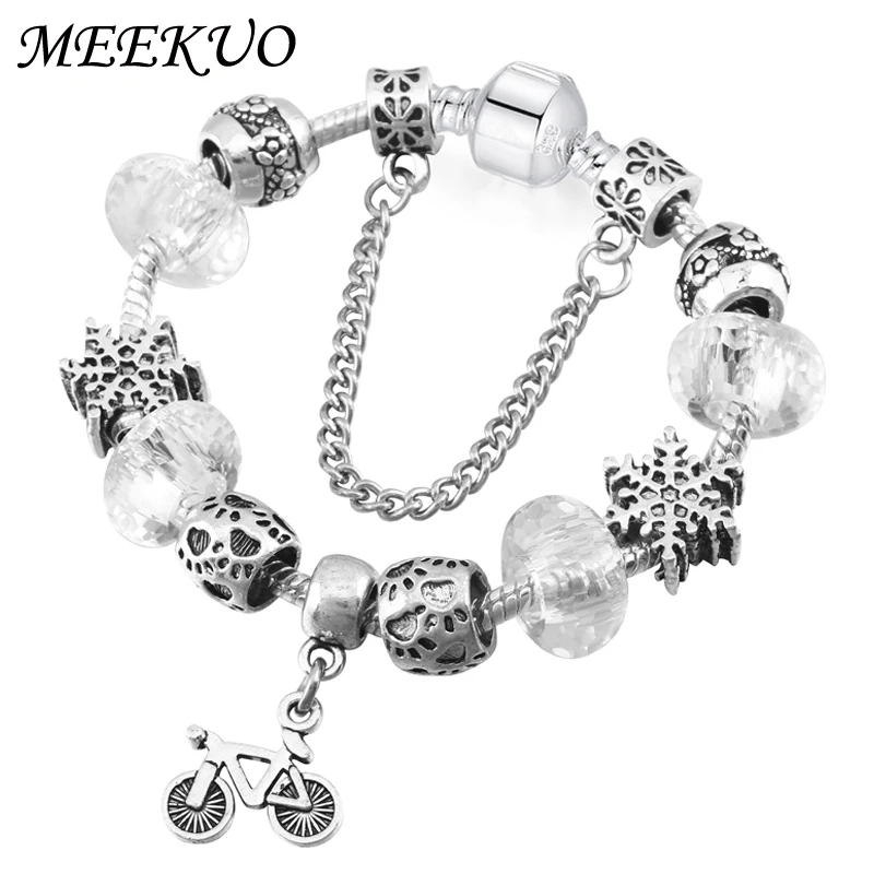 

Europe Simple Friendship Fine Bracelets Silver Color Bicycle Pendant with Nice Beads Charm Bracelet & Bangles For Womem Gift
