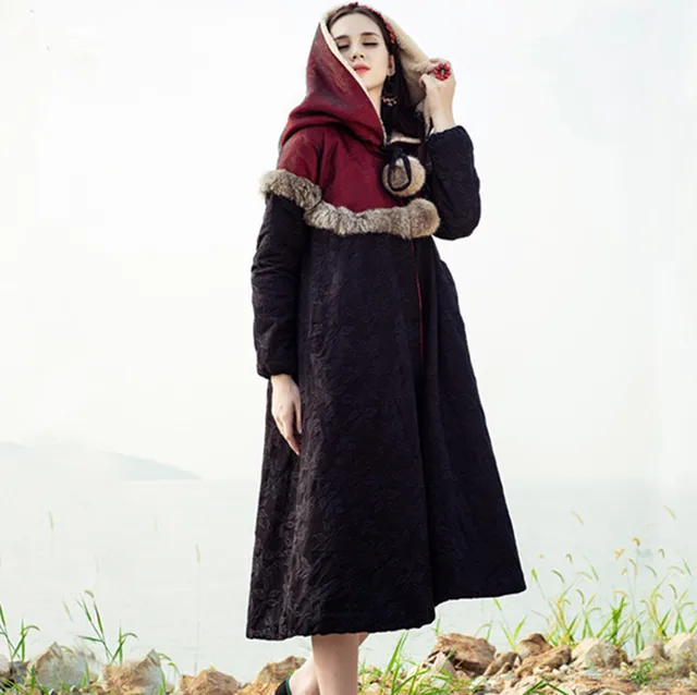 Cheap [AIGYPTOS-LZ]Winter Novelty Personality Vintage Exotic Fluid Ultra Long National Trend Plus Velvet Wadded Jacket Cotton-Padded