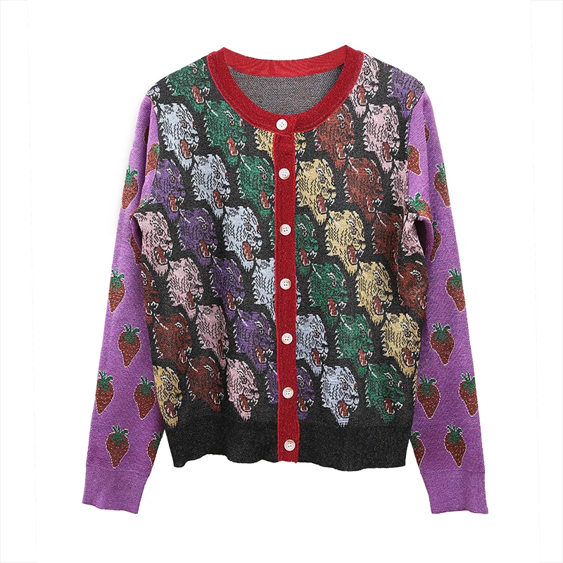 Осень-зима, роскошный Шелковый свитер, кардиганы для женщин, подиумный дизайнерский принт с тигром, длинный рукав, женский фиолетовый вязаный джемпер, одежда