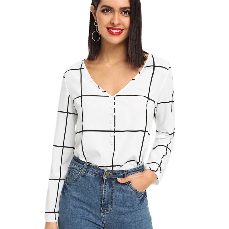 SHEIN Black And White Office Lady Elegant Button Front V-Neck Long Sleeve Plaid Blouse Autumn Workwear Women Tops And Blouses