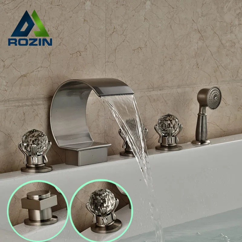 

Modern Three Cristal Handle Bathroom Tub Mixer Faucet Deck Mount Brushed Nickel with Pull Out Handshower