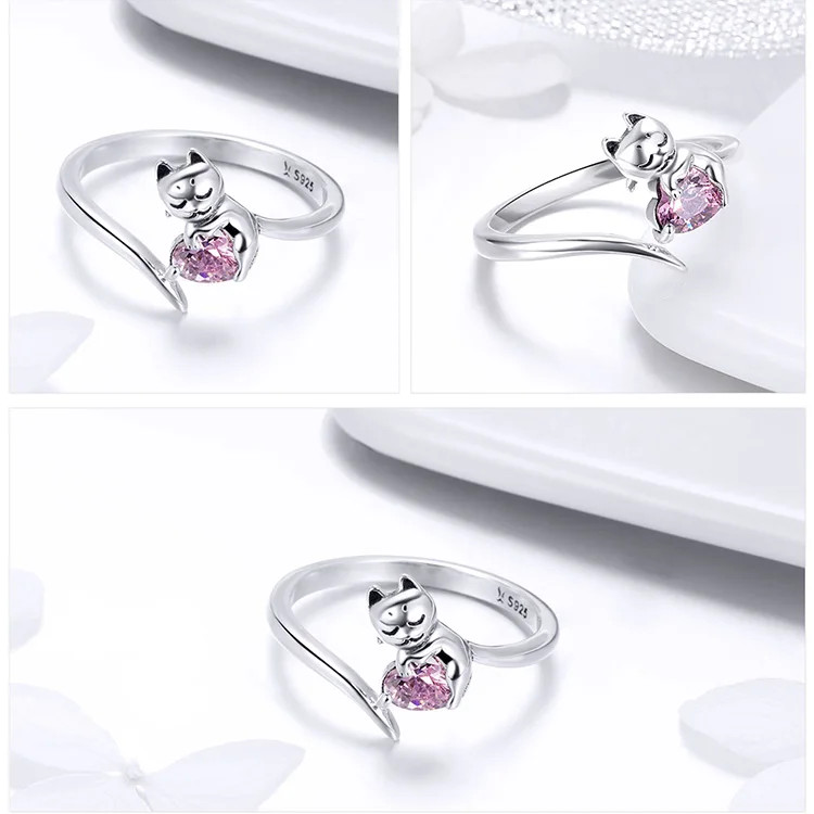 Adorable Cat Pink Cz Adjustable Finger Ring Sterling Silver