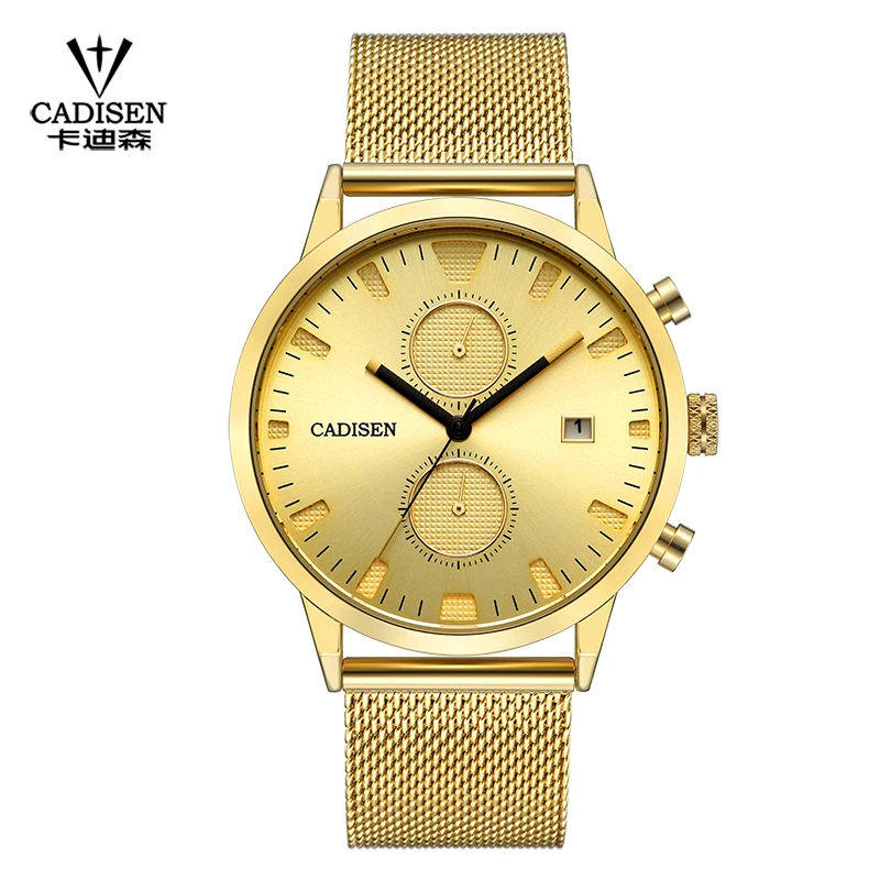 

CADISEN New Business Men Quartz Watch Fashion Casual Luxury Reloj Hombre Mesh Stainless Steel Band Sport Chronograph Male Clock
