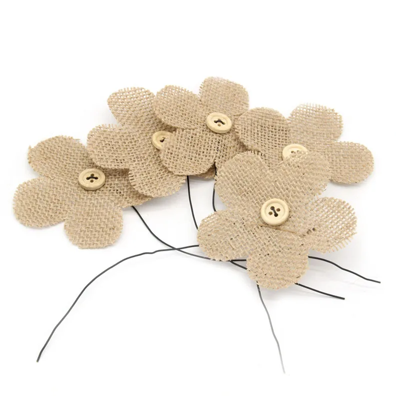 

5Pcs/set Hessian Jute Flowers with Buttons Handmade Flower Home Gift Decor DIY Supplies