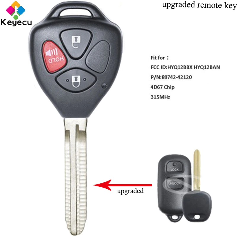 

KEYECU Modified Remote Control Car Key- 3 Buttons& 315MHz& 4D67 Chip- FOB for Toyota Tundra Echo RAV-4 FCC ID: HYQ12BBX HYQ12BAN