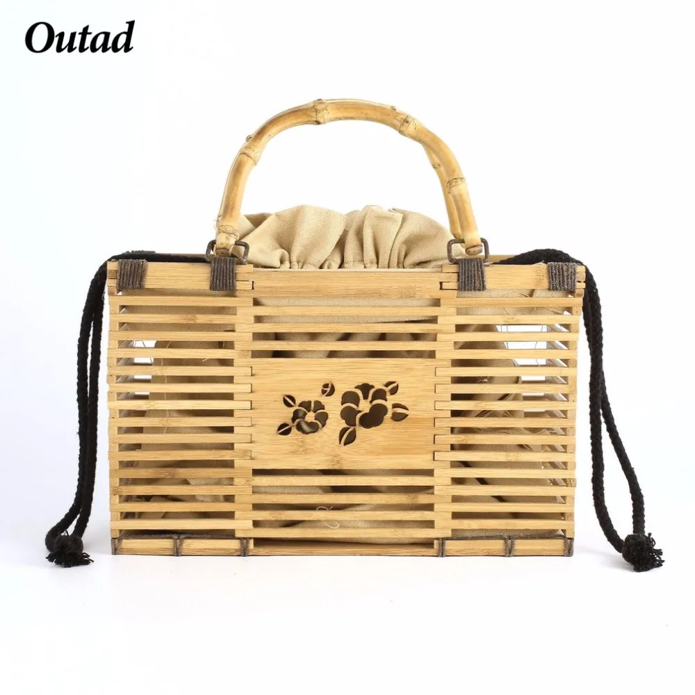 

OUTAD Women Beach Bag Square Bags Fashion Top Handle Bamboo Hollow Out Handbag Free Shipping