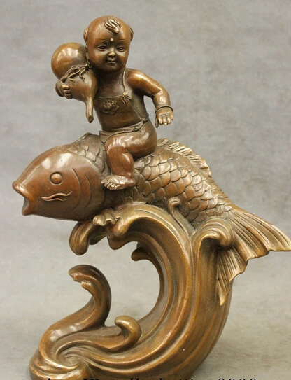 

shitou 001881 13" Chinese Bronze Copper Shou Gourd Child Kid Statue Ride Wealth Fish Sculpture