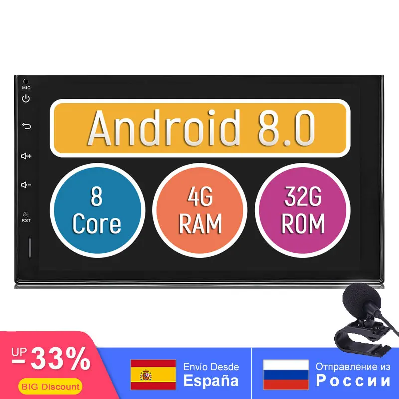 

7" Double 2Din Head Unit 1.8GHZ Android 8.0 Octa Core 4GB+32GB Car Radio GPS RDS/FM/AM 1024X600 Support Camera/SWC/DAB/TPMS/OBD2