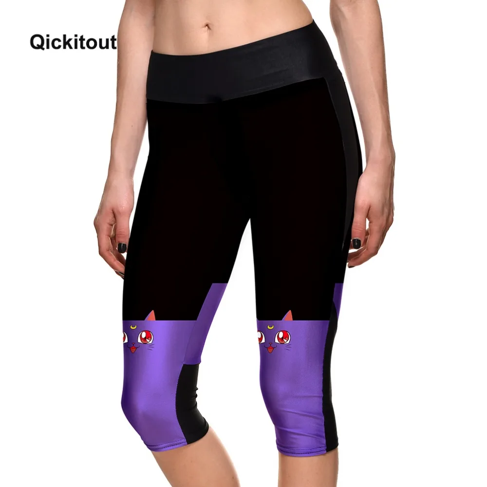 

Qickitout Capri Pants Women's 7 Point Pants Women's Cute Purple Cat With Moon Print Pants High Waist Side Fitness Pants