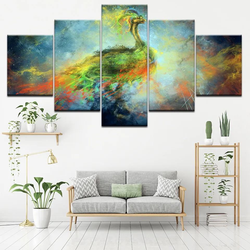 Canvas Wall Art Modular Frame Prints Pictures 5 Pieces Natural Peacock