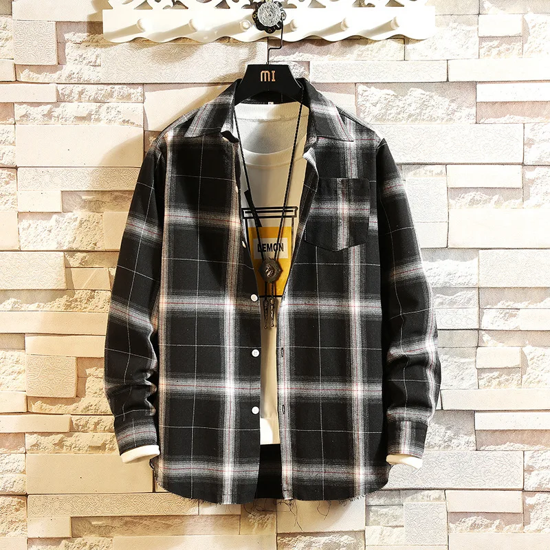 

Men Black Stripe Plaid Shirt Casual Spring Autumn Mens Long Sleeve Flannel Shirts Harajuku Mens Clothing Camiseta Hombre 3XL