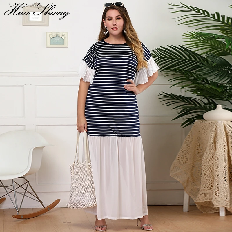 

Maxi Long Dress Vestidos Casual Women Summer O Neck Ruffles Short Sleeve Striped Patchwork Elegant Dress Loose Oversized Dresses