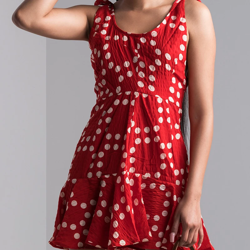 AKIRA Women's Tie Straps Crepe Knit Ruffle Hem Polka Dots Tank Mini Dress