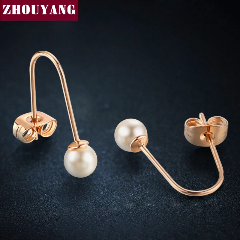 

ZHOUYANG Top Quality Mini U-type Imitation Pearl Rose Gold Color Drop Earrings Jewelry For Girl Women Wholesale ZYE470 ZYE471