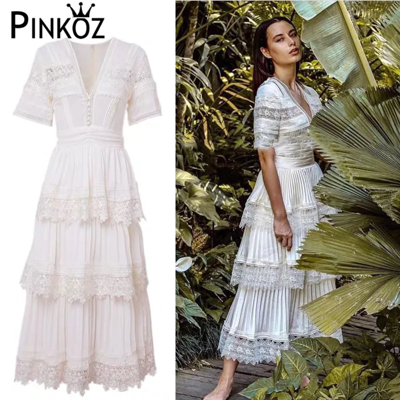 Женское кружевное платье Pinkoz длинное вечернее длиной до щиколотки с глубоким