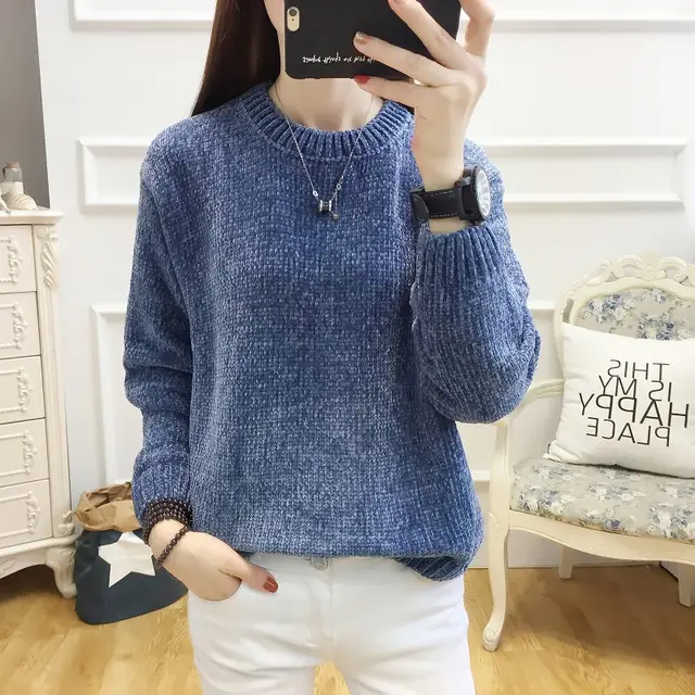 Korea Women Sweaters Chenille O Neck Long Sleeve Elastic Knitted Ladies ...