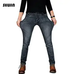 SHUJIN большой размеры эластичные для мужчин's Бизнес Джинсы для женщин прямые брюки девочек мужские джинсы деним брюк повседневное мужчин