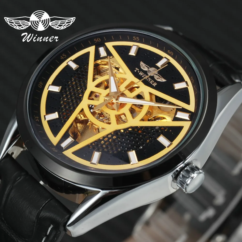 

WINNER Fashion Black Auto Mechanical Watch Men Leather Strap Golden 3D Triangle Skeleton Dial Cool Chic Wrist Watches relogio