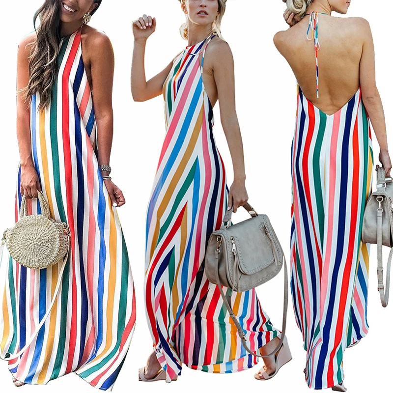 

Women's Summer Dress 2019 Striped Print Boho Style Beach Backless Dress Elegant top Sexy Party Dress Vestidos De Festa Big Size
