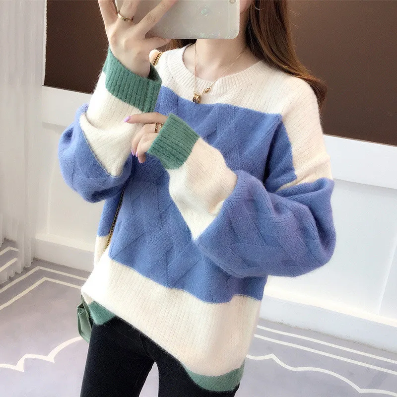 

New Autumn Winter Sweaters Women Fashion casual loose patchwork long Sleeve Pullovers warm Knitted Sweaters Female Jumper Tops