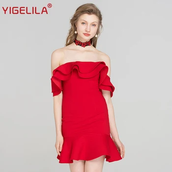 

YIGELILA Fashion Women Red Strapless Dress Summer Solid Sexy Slash Neck Backless Empire Sheath Ruffles Mini Party Dress 63487