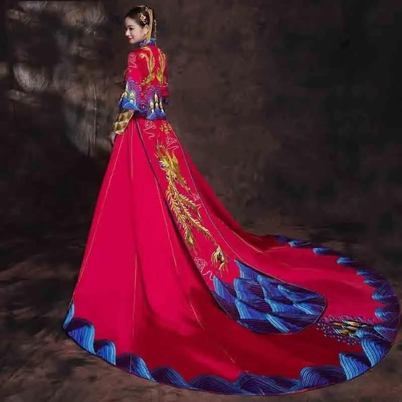 Красное китайское традиционное свадебное платье невесты Cheongsam Dragon Phoenix одежда