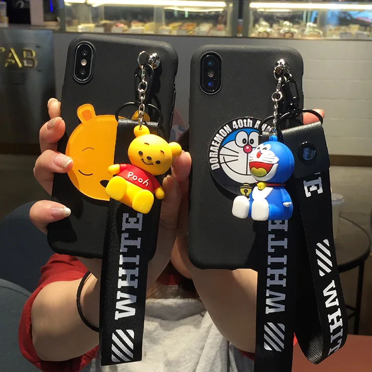 

3D cute winnie Doraemon Soft Case toy stander Strap For iphone X XS XR XA MAX 6 6S 7 Plus 11 pro 5 5S with Lanyard pooh