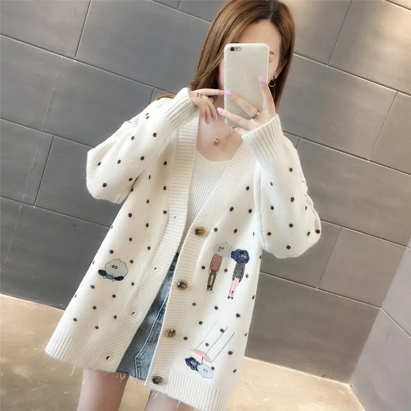 

Sweater Women 2019 New Spring Beige Loose Korean V Neck Cartoon Knitted Cardigans Red Black Apricot Long Sweaters Feminina LD985