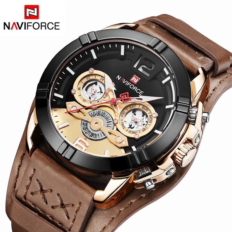 

NAVIFORCE Brand Men's Luxury Watches Fashion Quartz Waterproof Sport Watch Men Leather Week Display Clock Male Relogio Masculino