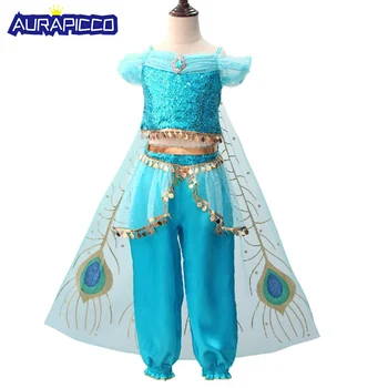 

Kids Princess Jasmine Costume Movie Aladdin Arab Princess Fancy Dress Outfit Deluxe Blue Sequins Belly Dance Outfit