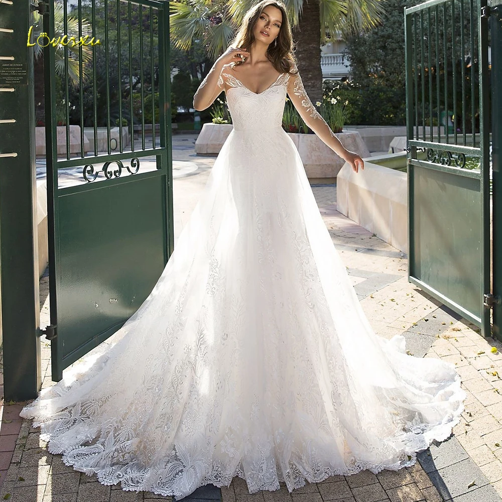 

Loverxu V-Neck Mermaid Wedding Dress Delicate Appliques Beading Long Sleeve Lace Bride Dress Chapel Detachable Train Bridal Gown