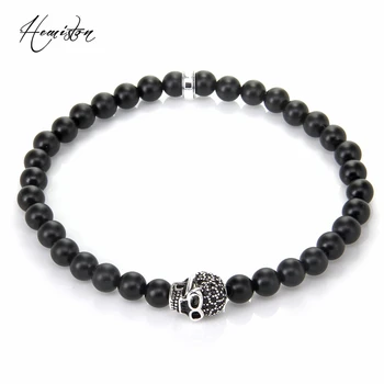 

Thomas SKULL BEAD AND MATT-BLACK OBSIDIAN BEADS ELASTIC BRACELET, European Rebel Heart Style Bijoux Jewelry Gift for Men TS B171