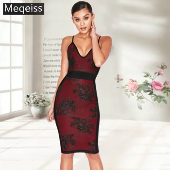 

2018 New Fashion Elegant Spaghetti Starp Wine Red Patchwork Sexy Backless Bodycon Celebrity Party Dress Bandage Dresses Vestidos