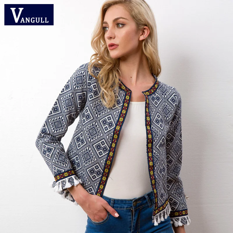 Vangull Tribal Embroidered Jacket Blue Vintage Fringe Tape Trim Women Autumn Coat 2018 Spring Long Sleeve Tassel Boho Jacket