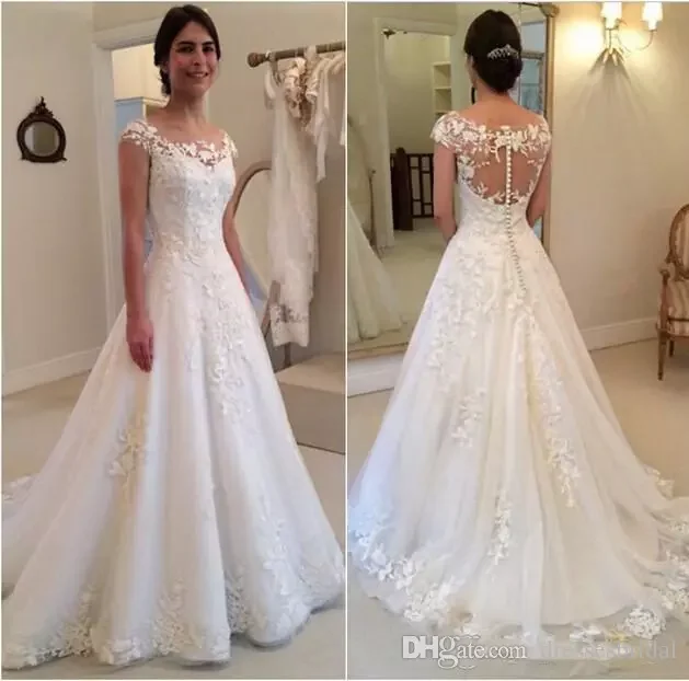 

Modest New Lace Appliques vestido de noiva A line See Through Button Back Bridal Gown 2018 Cap Sleeves cheap Wedding Dresses