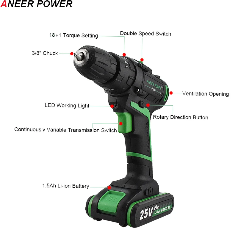 25V Rechargeable Lithium Battery Impact Drill Electric Hand Drill Battery Cordless Drill Home Diy Power Tools + Deluxe Gift Box