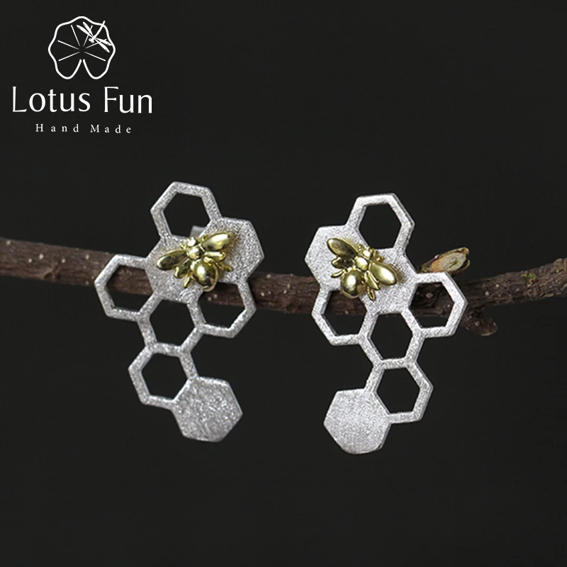 

Lotus Fun Real 925 Sterling Silver Natural Creative Handmade Fine Jewelry Honeycomb Home Guard Dangle Earrings for Women Brincos