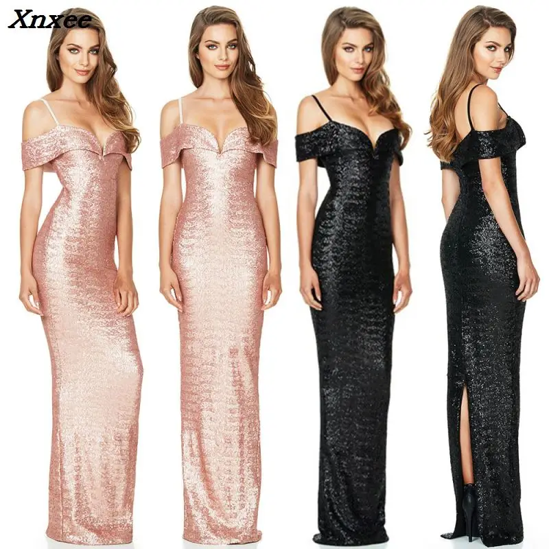 

2018 Christmas Party Dress Sexy Straps Women Gold Black Sequin Long Dresses Backless Cross Back Maxi Vestido De Festa Xnxee