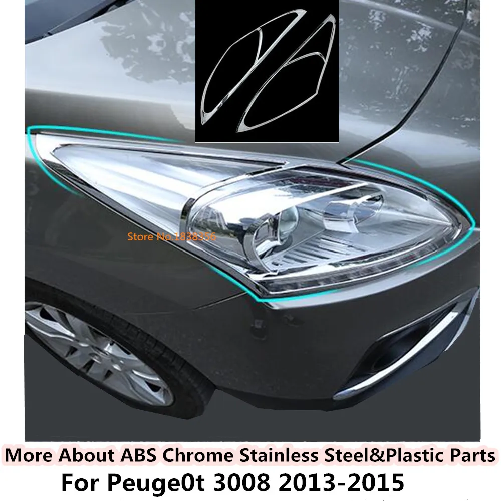 

High Quality For Peugeot 3008 2013 2014 2015 front head Light lamp frame stick styling ABS Chrome cover trim accessorie 2pcs