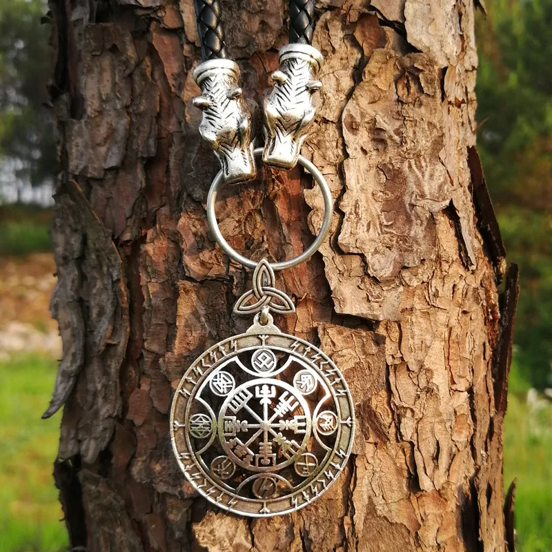 

Wolf Head Vegvisir Rune Pendant necklace viking Leather necklace Men Women Drop Shipping