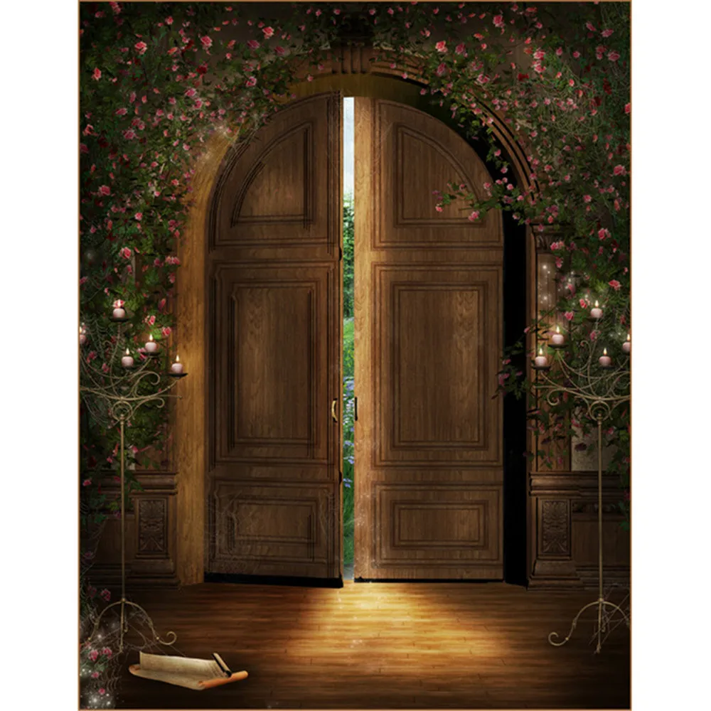 Vintage-Brown-Arch-Door-Backgrounds-for-Photo-Studio-Pink-Flowers-Vines