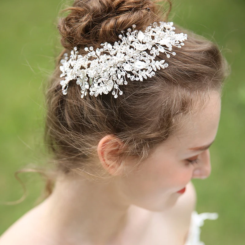 Jonnafe Bridal Tiara Crown Generous Silver Leaf Rhinestone Wedding