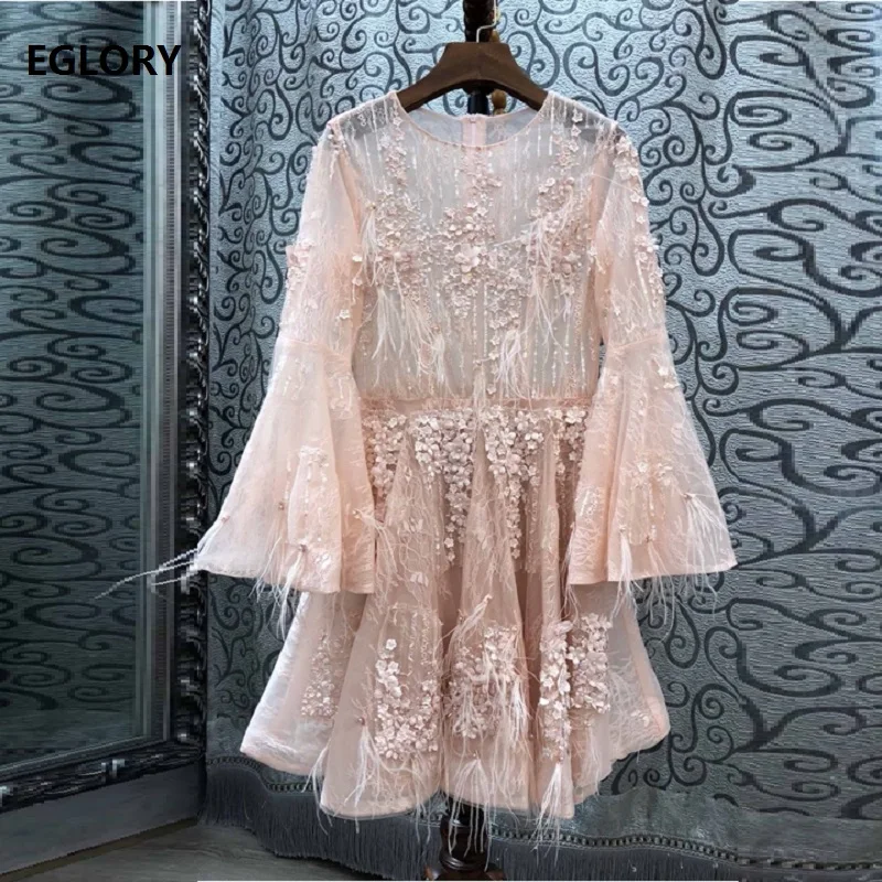 

Top Quality New 2019 Autumn Fashion Wedding Party Ladies Allover Appliques Embroidery Feather Deco Flare Sleeve Sweet Pink Dress