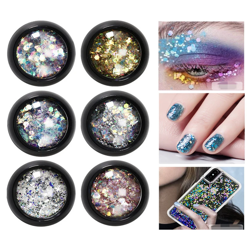 

6 Boxes Aurora Unicorn Nail Sequins Ultra-thin Sparkling Mermaid Hexagon Star Flakes Mixed Glitter Powders 3D Iridescent Glitter
