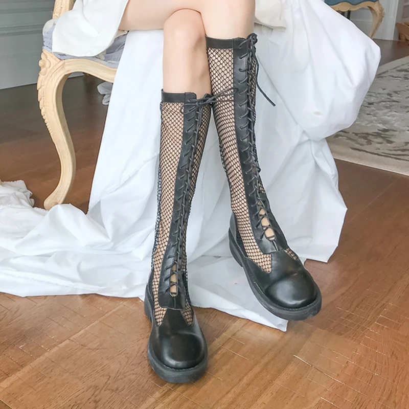 

Summer Boots Leisure Black Mesh Boots Women Round Toe The Knee High Boots Fashion Cross Strap Long Boots Low Heel Shoes