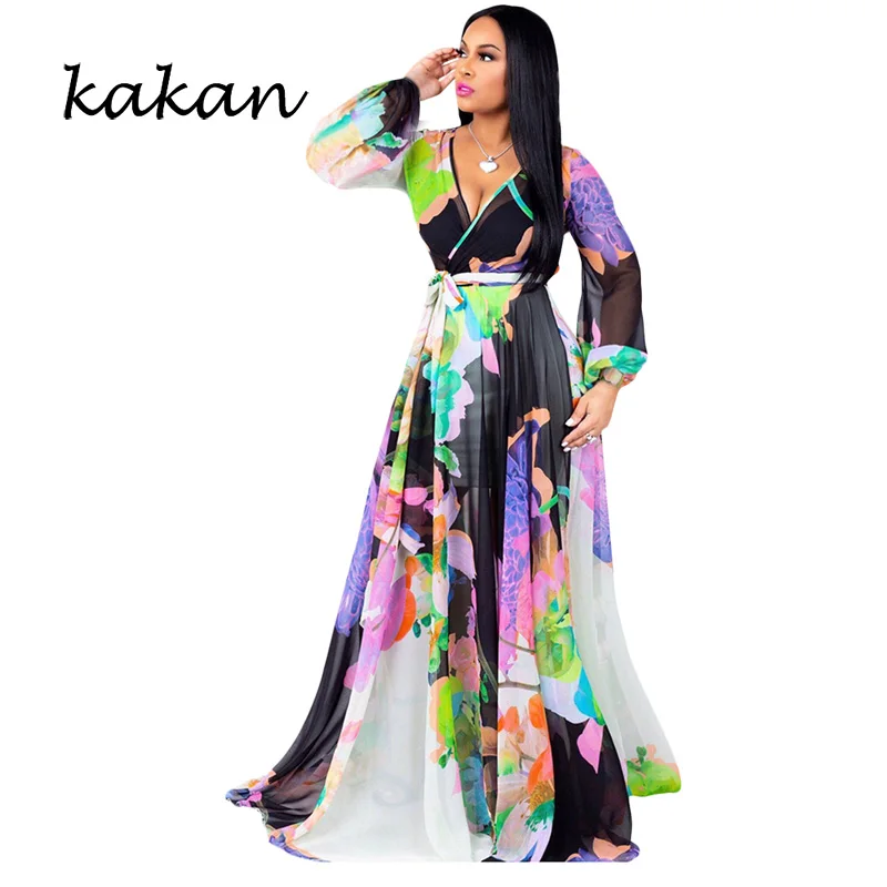 

Kakan2019 Autumn Women's Dress Digital Print Chiffon Long Dress Bohemian Beach Large Size Loose Dress S-3XL-5XL