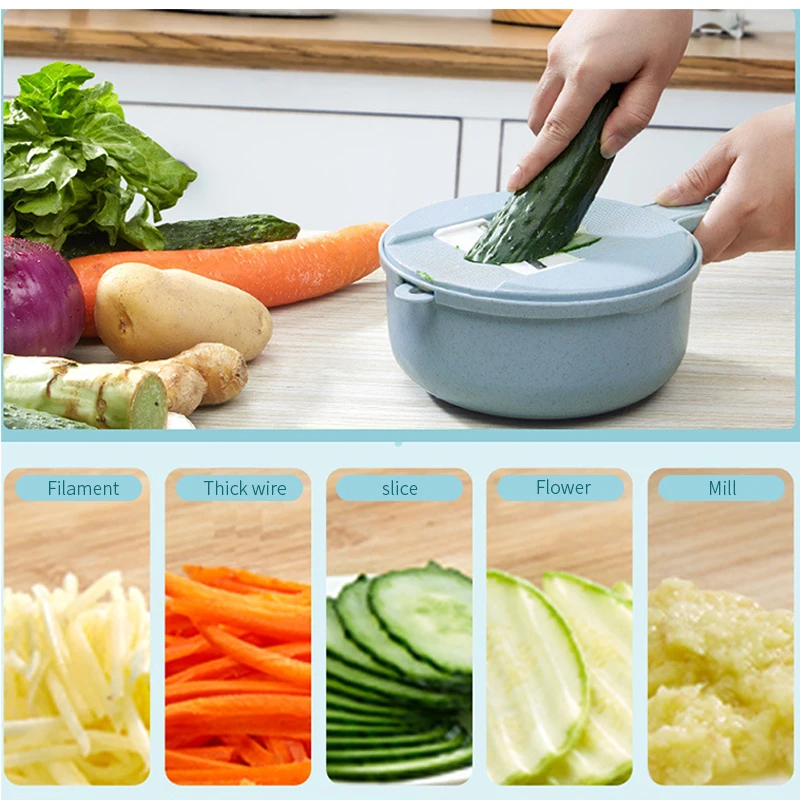 9 pcs /Set Kitchen Cutter Fruit Vegetable Slicer Potato Carrot Grater Garlic Chopper Mandoline Cutter with Noodle Drain Basket